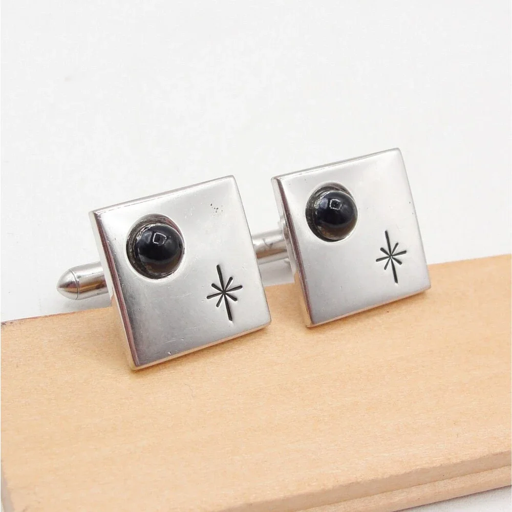 Vintage Swank Silver Tone Square Starburst Cufflinks Black Onyx Cabochon MCM